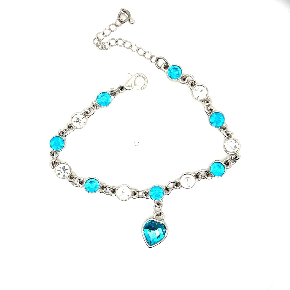 Silver Tone Aqua Blue & Clear Crystal Heart Charm Link Bracelet 7-9"